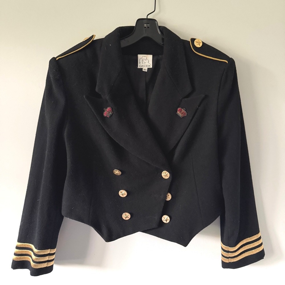 Vintage Gantos Military Jacket Black Wool Cropped Blazer Gold Star Button USA 10